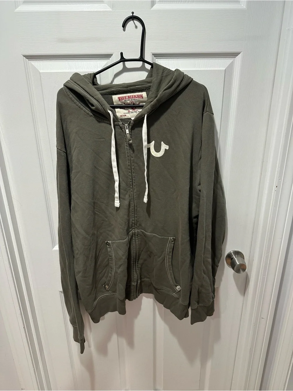 True Religion Olive Zip Hoodie with White Logo Accent